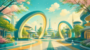 春の未来的なテーマパークエリアを描いたイメージイラスト
