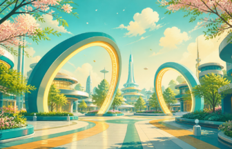 春の未来的なテーマパークエリアを描いたイメージイラスト
