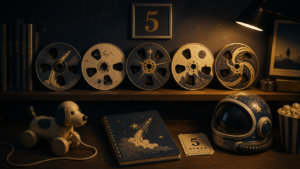 5本のフィルムと玩具を配した映画復習のイメージ