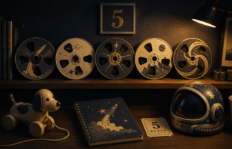5本のフィルムと玩具を配した映画復習のイメージ