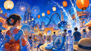 水しぶきと夜祭り、暑さ対策用品を描いた夏のパークイメージ