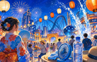 水しぶきと夜祭り、暑さ対策用品を描いた夏のパークイメージ