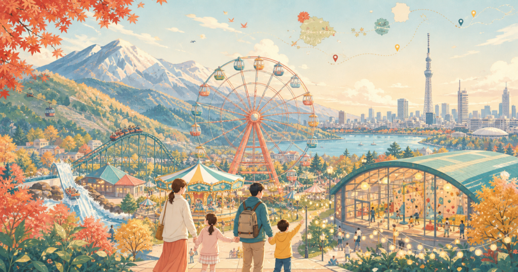 東日本のテーマパークと体験施設をイメージしたイラスト