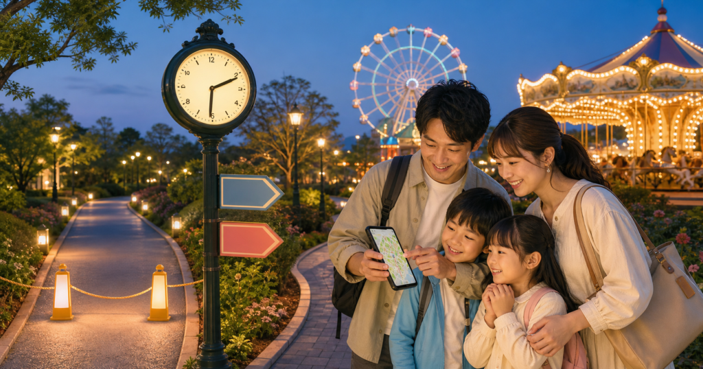 夜のテーマパークで地図を確認する家族