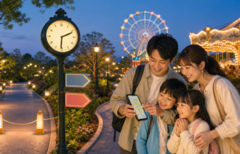 夜のテーマパークで地図を確認する家族