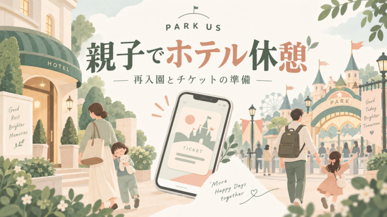 親子でホテル休憩。再入園とチケットの準備をイメージした家族とスマートフォンのイラスト。