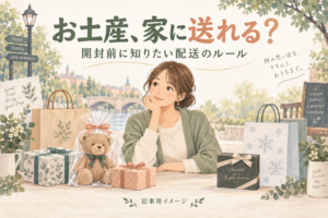 お土産を送る前に品物を分けて準備するイラスト。記事用イメージ