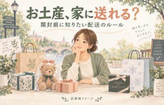 お土産を送る前に品物を分けて準備するイラスト。記事用イメージ