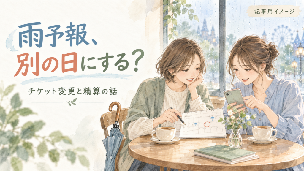 雨の窓辺でカレンダーを見ながら別の日程を相談する友人2人の記事用イメージ。