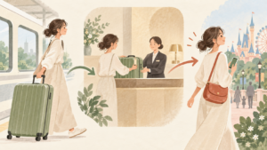 宿泊用の荷物を預け、小さなバッグでパークへ向かう流れのイメージイラスト