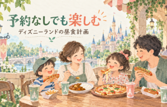 家族で楽しむディズニーランドの昼食計画のイメージイラスト