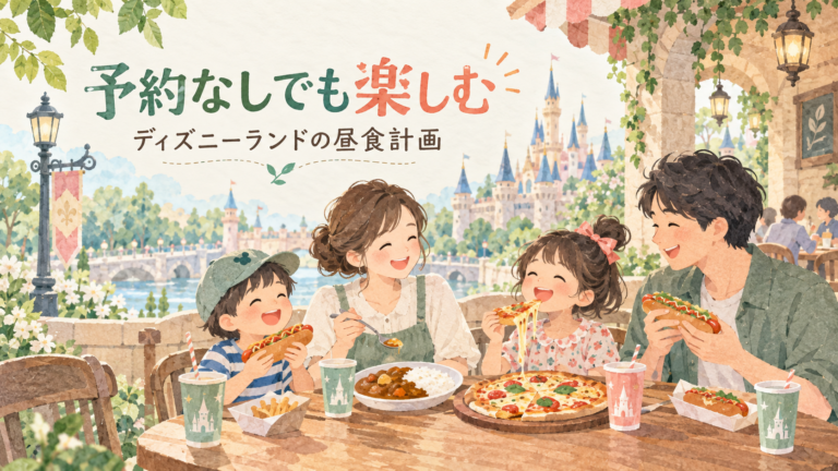 家族で楽しむディズニーランドの昼食計画のイメージイラスト