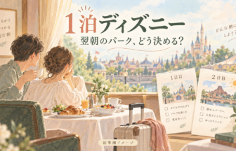 ディズニーホテルに1泊、ランドとシーはどちらを翌日にする？ハッピーエントリーで考える順番のイメージイラスト