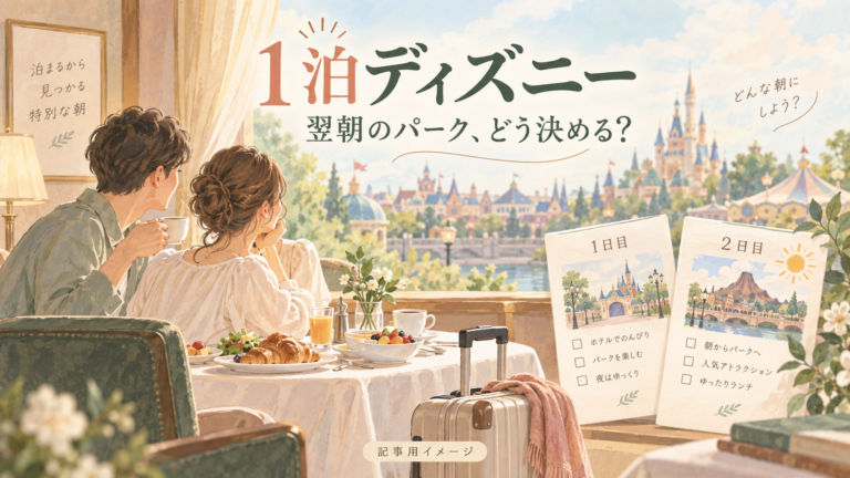 ディズニーホテルに1泊、ランドとシーはどちらを翌日にする？ハッピーエントリーで考える順番のイメージイラスト