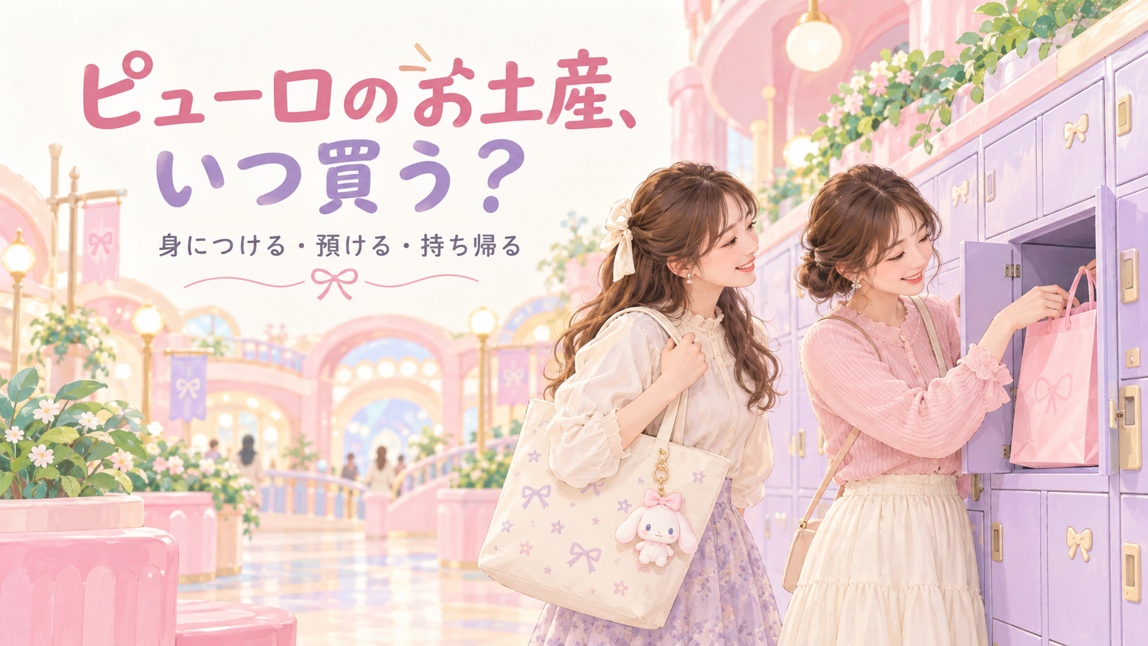 パークのお土産と持ち帰り準備をイメージしたイラスト