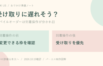 到着操作の前は変更枠を確認し、操作後は受け取りを優先する図解。パーカス制作。