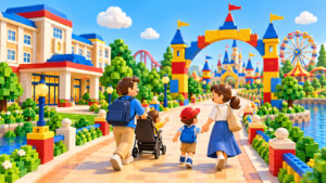 ブロックの遊園地とホテルへ向かう家族のイメージイラスト。実際の施設や位置関係ではありません。