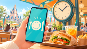 スマートフォンと食事トレー、時計で受け取り時刻を表すイメージイラスト。実際のメニューやアプリ画面ではありません。