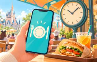 スマートフォンと食事トレー、時計で受け取り時刻を表すイメージイラスト。実際のメニューやアプリ画面ではありません。
