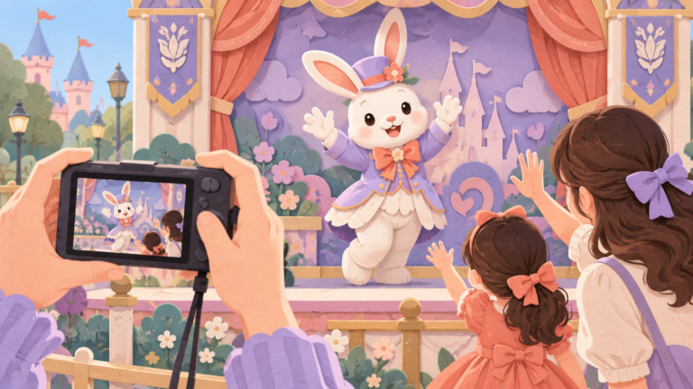 キャラクターとの家族撮影を表すイメージイラスト。実際のキャラクターや施設を再現したものではありません。