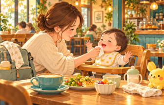 赤ちゃんとカフェで過ごす家族のイメージイラスト。実際のポケモンカフェの内装・商品ではありません。