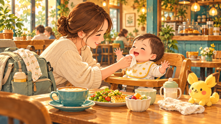 赤ちゃんとカフェで過ごす家族のイメージイラスト。実際のポケモンカフェの内装・商品ではありません。