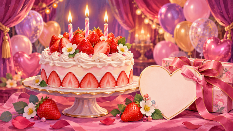 ケーキとカードで誕生日を祝うイメージイラスト。実際の販売メニューや特典ではありません。