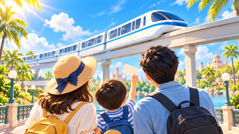 モノレールで移動する家族のイメージイラスト。実際の車両・施設の写真ではありません。